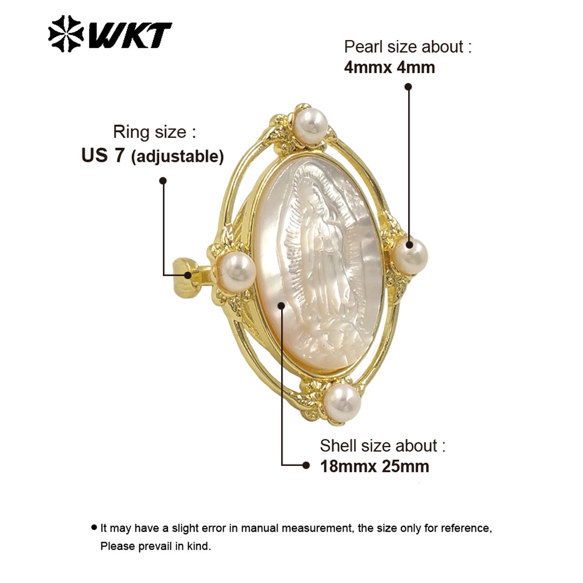 WT-MPR105 WKT Exclusive Newest 18K Real Gold Plated Oval Pearl Shell Virgin Mary Ring in Open Size Christian Jewelry