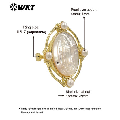 WT-MPR105 WKT Exclusive Newest 18K Real Gold Plated Oval Pearl Shell Virgin Mary Ring in Open Size Christian Jewelry