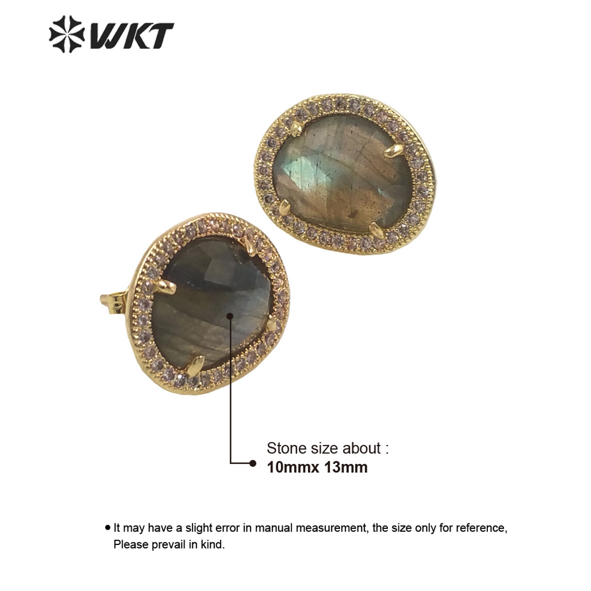 WT-ME085 WKT Natural Gemstone With Micropaved Cubic Zircon Studs Precious Birthday Stone Studs for Friend Gift