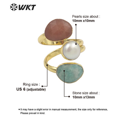 WT-R407 Niche Design Multiple Gemstone Pearl Rings Adjustable Rings Delicate Charming 18k Gold Plated Gifts Natural Stone Rings