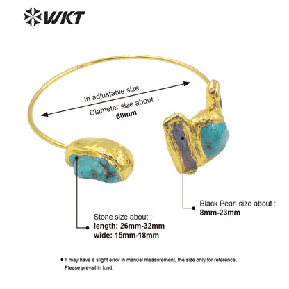 WT-B655 Wholesale Fashion 18K Real Gold Plated Made With Black Pearl and Turquoise Stone Bangle in Adjustable Boho Style