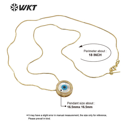 WT-MN970 Fashion 18k Real Gold Plated Micro Pave Cubic Zircon Natural Round Shell Eye Pendants Necklace Charming Eye Necklace