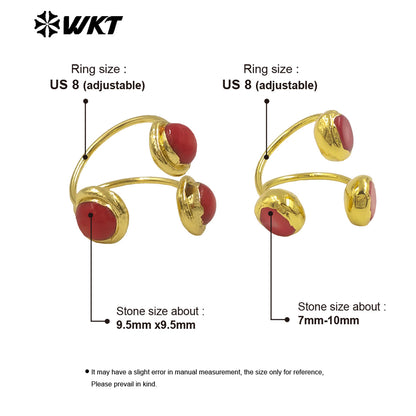 WT-MPR119 Wholesale Hot Style Temperament Attractive 18K Gold Plated Two Red Coral Adjustable Ring for Women As Anniversary Gift