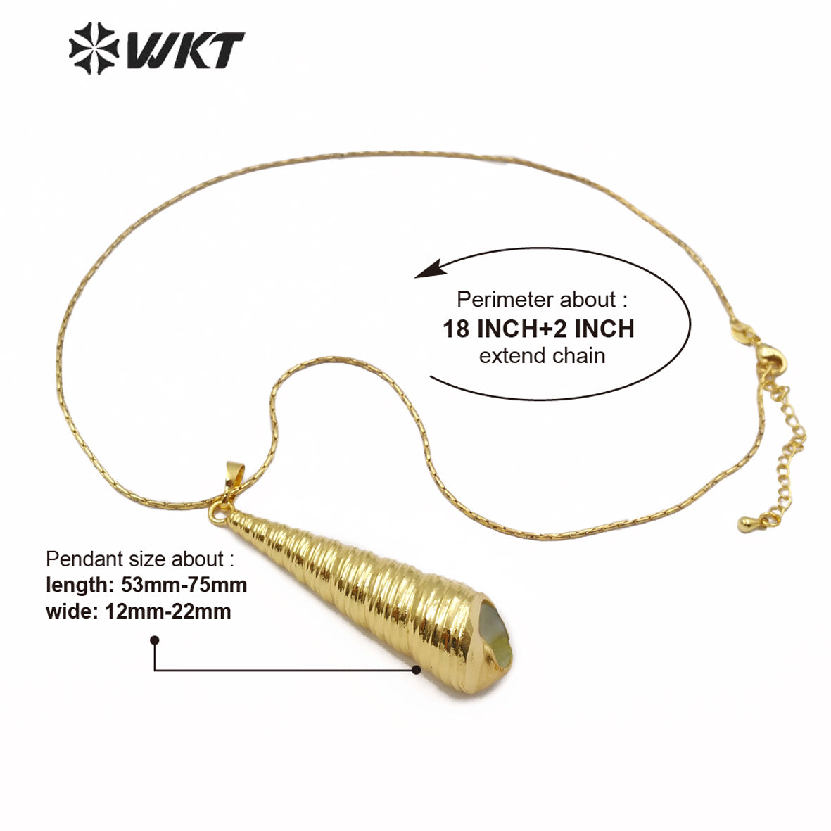 WT-JN073 Fashion Sea Shell Jewelry for Women Shell Pendant Full Gold Dipped Long Conch Pendant Trumpet Shell Necklace