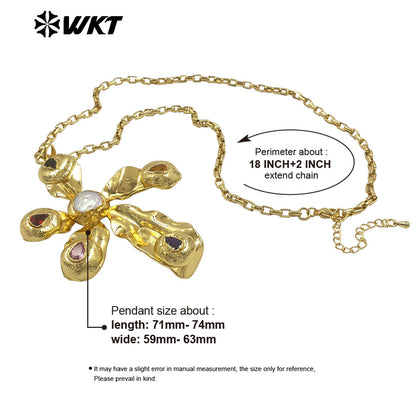 WT-JN361 Wholesale 18K Gold Plated Natural Freshwater Pearl And Zircon Windmill Shape Pendant Necklace For Women Fashion Match