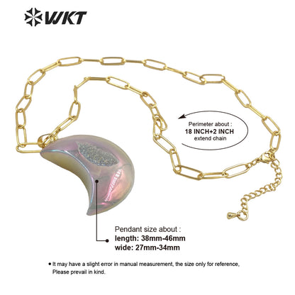 WT-N1393 Wholesale Fashion Gold Aura Druzy Agate Stone Necklace Grey Geode Agate Moon Necklace with Link Chain Healing Necklace
