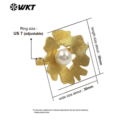 WT-R591 Unique Hollow Design 18K Gold Plated Yellow Brass And Artificial Pearl Metal Ring For Lady Party Wearing Jewelry