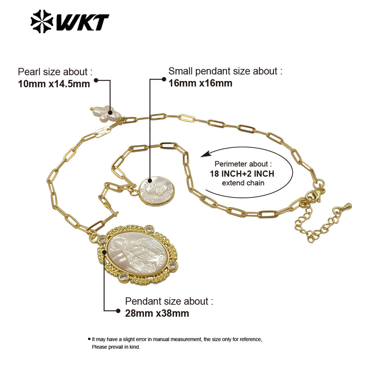 WT-JN322 Wholesale 18K Gold Electroplated Pearl Shell Pendant Necklace Hand Carved Virgin Mary Pattern Vintage Women Jewelry