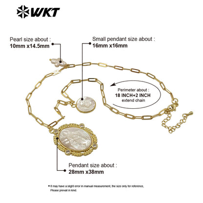WT-JN322 Wholesale 18K Gold Electroplated Pearl Shell Pendant Necklace Hand Carved Virgin Mary Pattern Vintage Women Jewelry