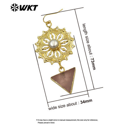 WT-MPE151 Wholesale Newest Design Ladies Fashion Gold Plated Natural Freshwater Pearl Earrings With Triangle Stone Charm