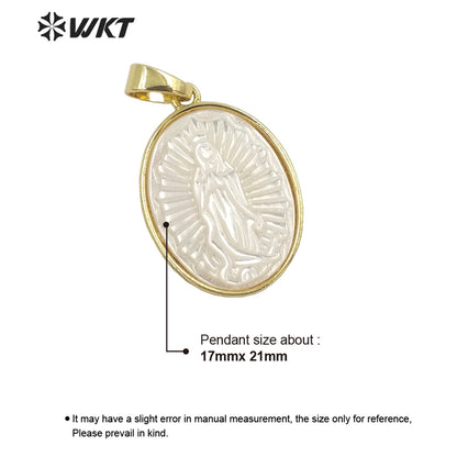 WT-JP320 Wholesale Fashion Religious Christian Virgin Mary Shell Pendant Gold Bezel Oval Shape MOP Jewelry Pendant