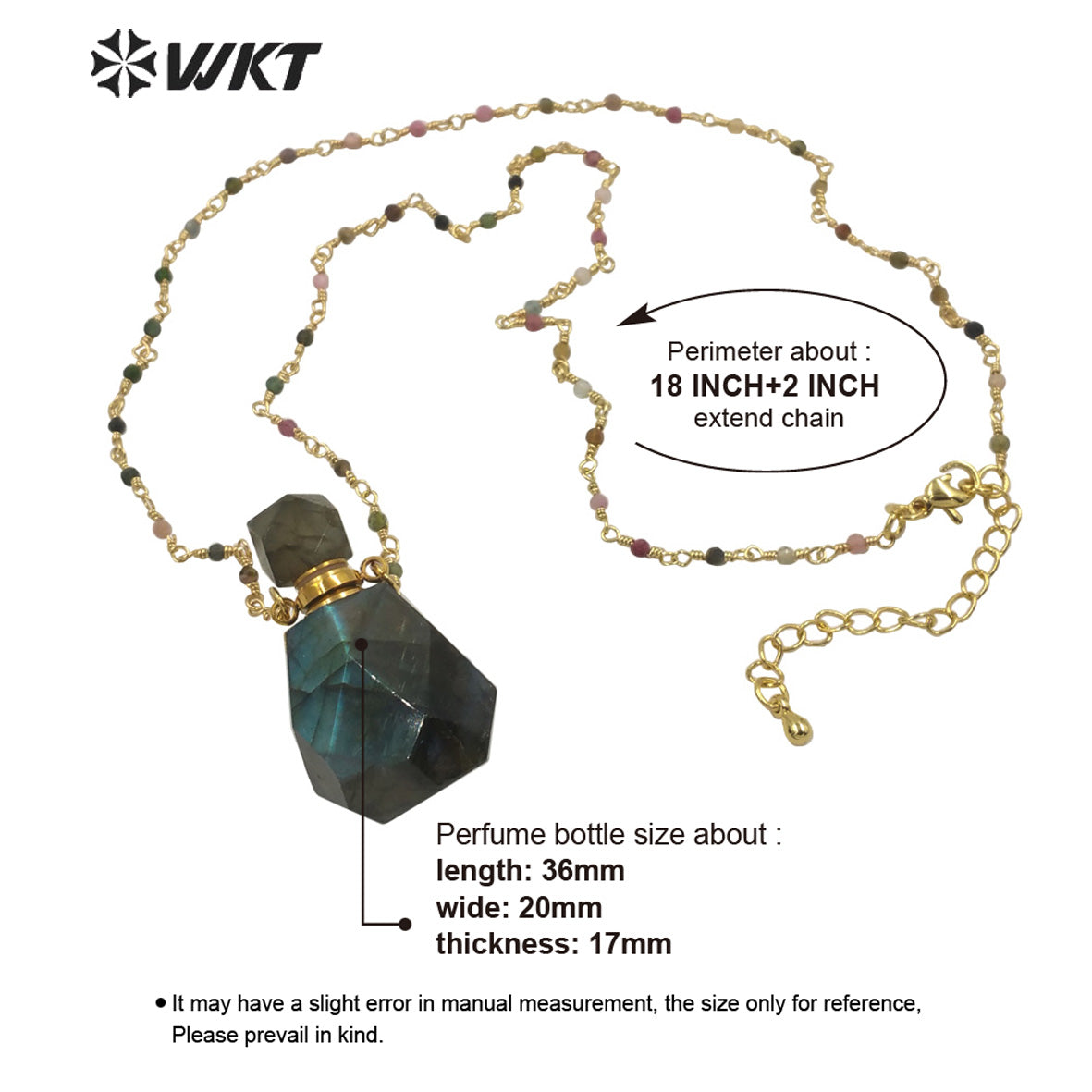 WT-N1268 WKT Precious 18 Inch Long rainbow Tourmaline Chain Perfume Bottle Necklace High Flash Labradorite Bottle Necklaces