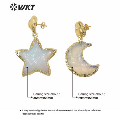 WT-E635 Amazing Super Hot Fashion Gold Electroplated Opal Star Earrings Hand Make Natural Moon and Star Stone Opal Earrings