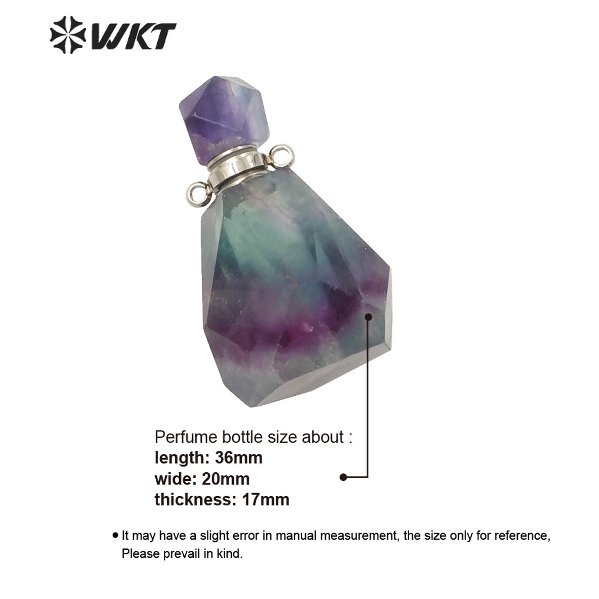 WT-P1670 WKT New Color Gorgeous Natural Rainbow Fluorite Stone Perfume Bottle Pendant with Stainless Steel Jewelry Findings