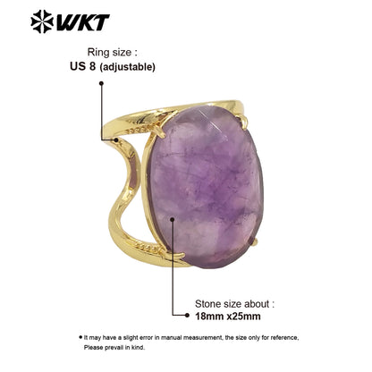 WT-R525 Simple Design 18K Real Gold Plated Claw Setting Faceted Natural Stone Cocktail Women Ring in Available Size