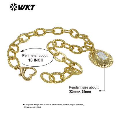 WT-JN367 Fashion Simple Gold Electroplated Metal Thick Chain With Natural Freshwater Pearl Pendant Necklace For Birthday Gifts