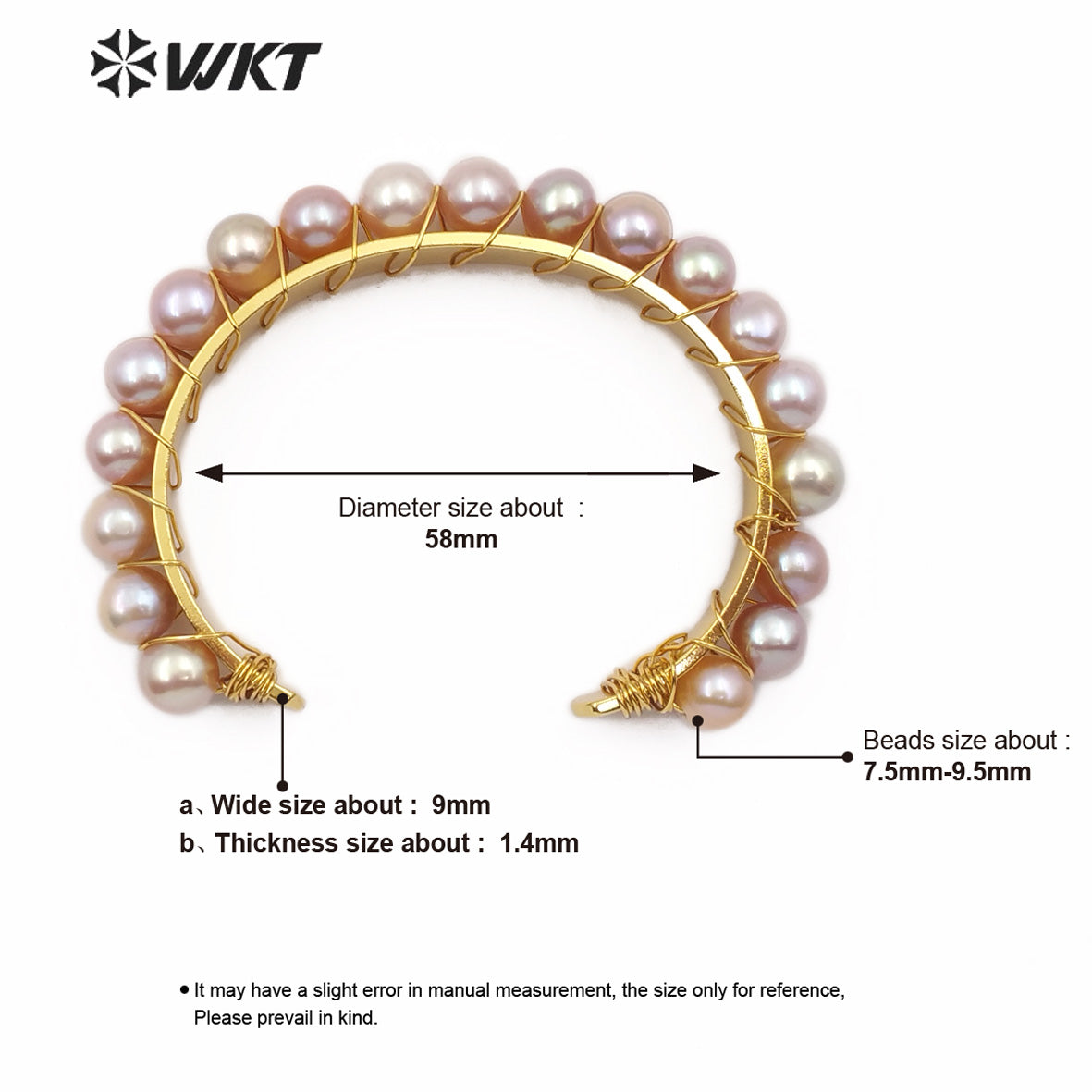 WT-B474 Women Gold Bangle Jewelry Natural Multi-pearl Bangle Pale Pink Rose Golden Pearl Bangle