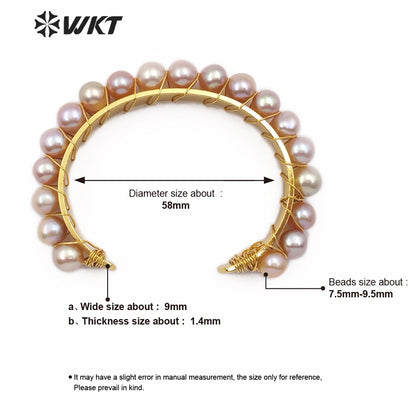 WT-B474 Women Gold Bangle Jewelry Natural Multi-pearl Bangle Pale Pink Rose Golden Pearl Bangle