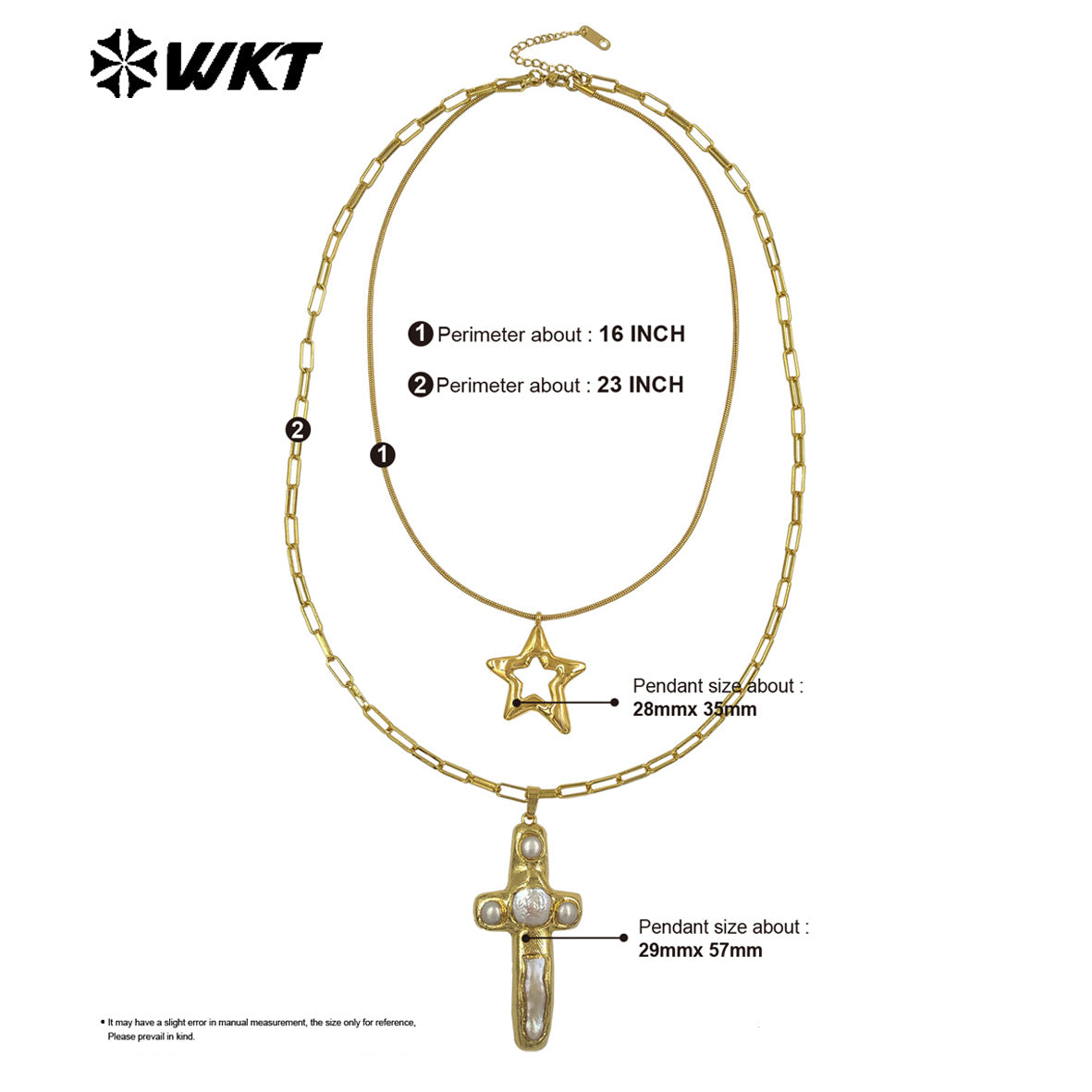 WT-JN366 Vintage 18K Gold Plated Natural Freshwater Pearl Cross And Flower Star Pendant Double Layers Necklace As Party Gifts