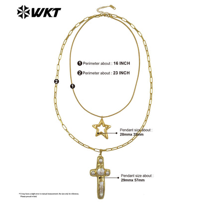 WT-JN366 Vintage 18K Gold Plated Natural Freshwater Pearl Cross And Flower Star Pendant Double Layers Necklace As Party Gifts