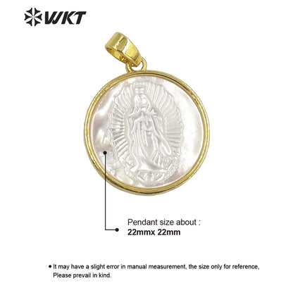WT-JP321 Wholesale Fashion Gold Plated Mother of Pearl Religion San Benito Jewelry Pendant 20mm Round Shell Maria Vigen Pendants