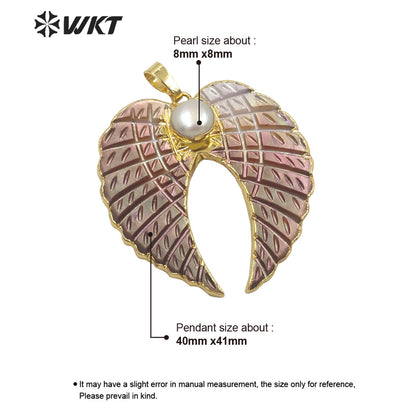 WT-JP261 WKT Newest Fashion Natural Grey Shell Feather Pendant Popular Hot Gold MOP Shell Jewelry Shell Pendant with Pearl