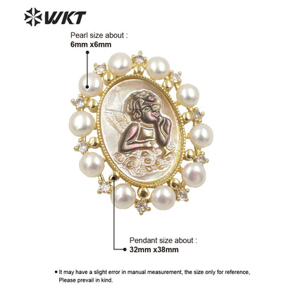 WT-JP278 New Gorgeous Fashion Gold Bezel Micro Pave CZ Setting White Pearl Angel Pendant Women Religious Christian Angel Shell