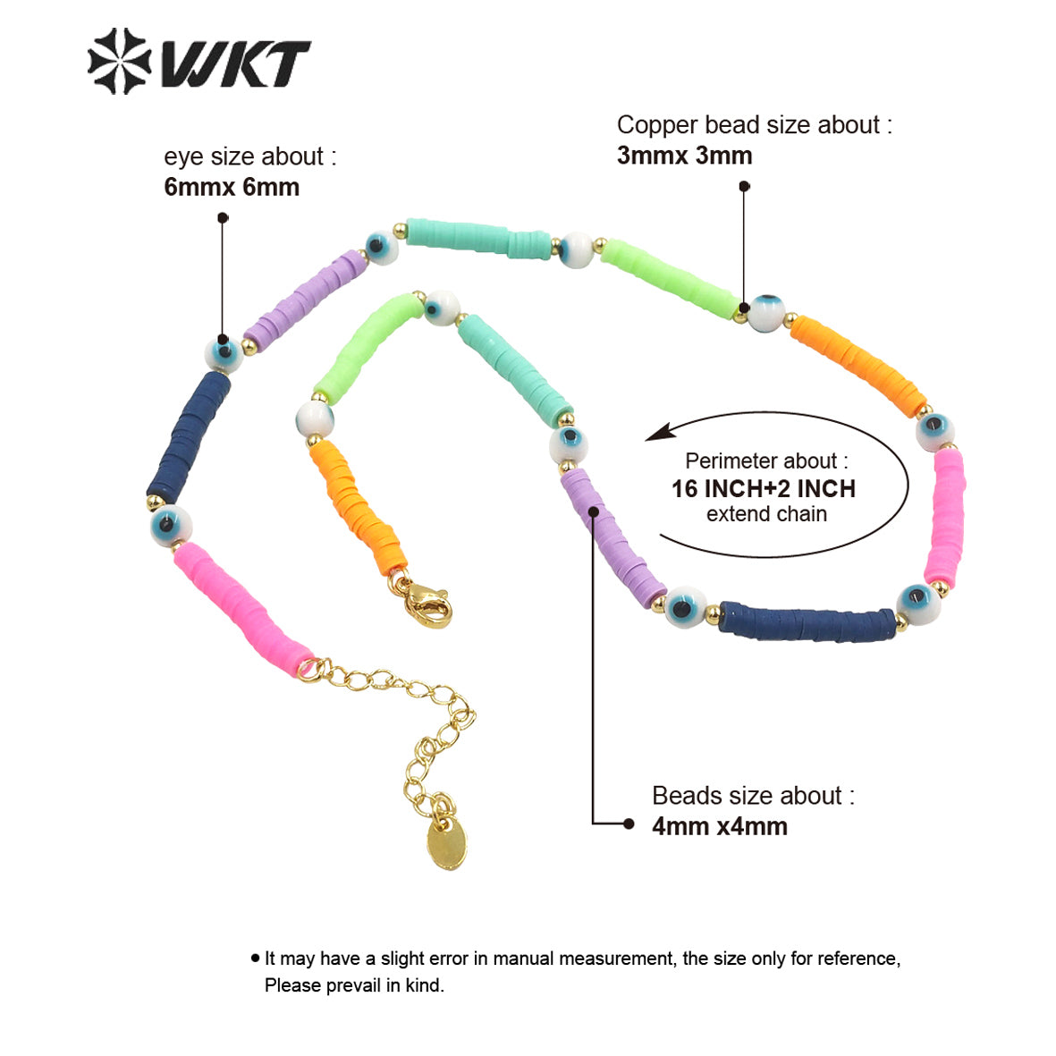 WT-JN207 Fashion Gold rainbow 6mm Space Beads Necklace Healing Turkish Eye Necklace Women Religious 16 Inch Long Choker Necklace