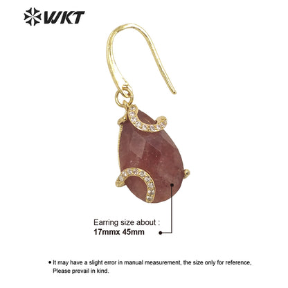 WT-E688 Wholesale Fashion Gold Prong Setting Natural Teardrop Stone Earrings Gorgeous Faceted Gemstone Micropaved Pear Earrings