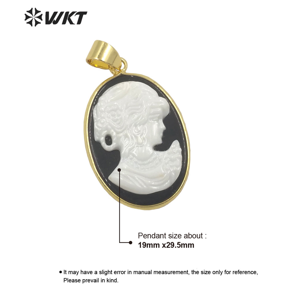WT-JP268 New Design Oval Black Agate Back Ground with MOP Beauty Image Pendant Gorgeous Hand Carve Gold Bezel the Beauty Pendant