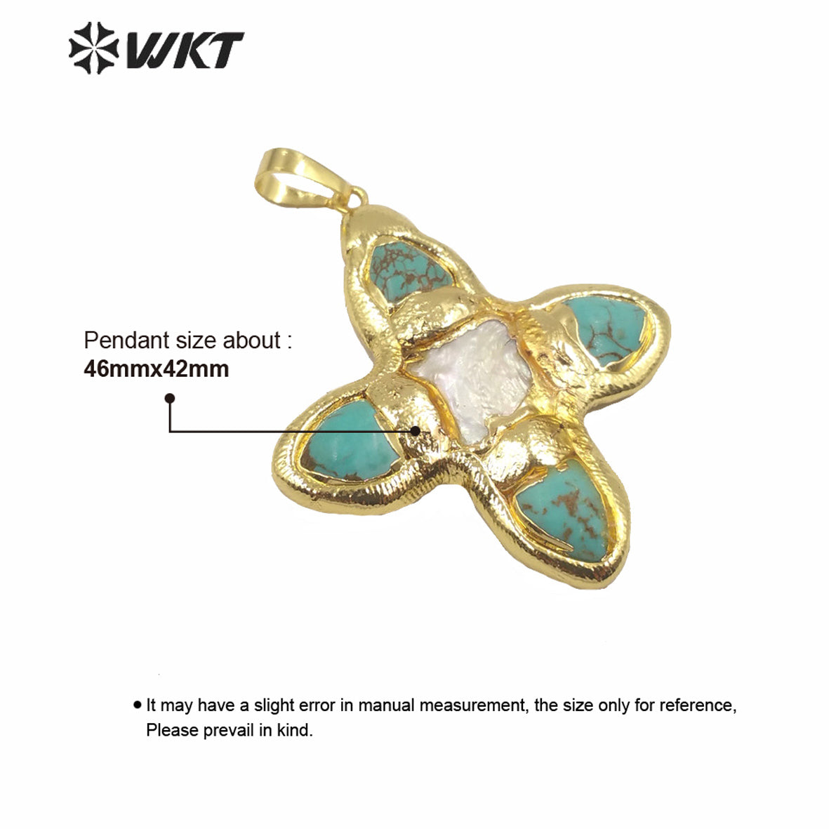 WT-JP216 WKT Jewelry Exclusive Unique Design Green Turquoise Stone Pendant Single Gold Plated Pearl Cross Pendant for Lady