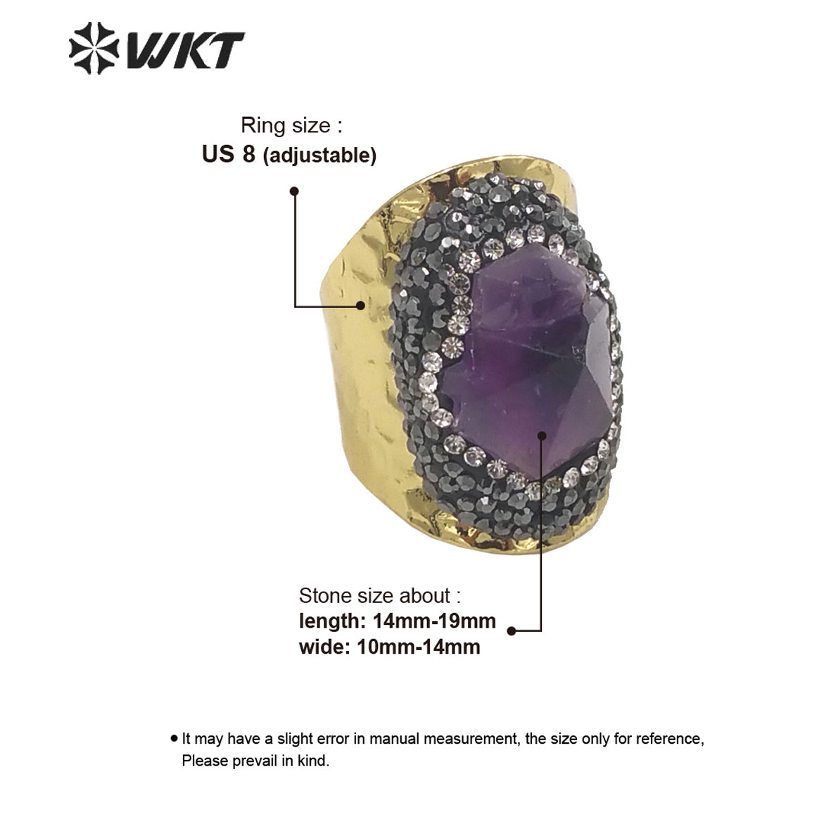 WT-R447 WKT New Design Natural Brazil Cluster Amethyst Stone Ring Fashion Gold Rhinestone Ring for Party Lucky Ring