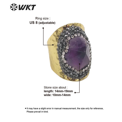 WT-R447 WKT New Design Natural Brazil Cluster Amethyst Stone Ring Fashion Gold Rhinestone Ring for Party Lucky Ring