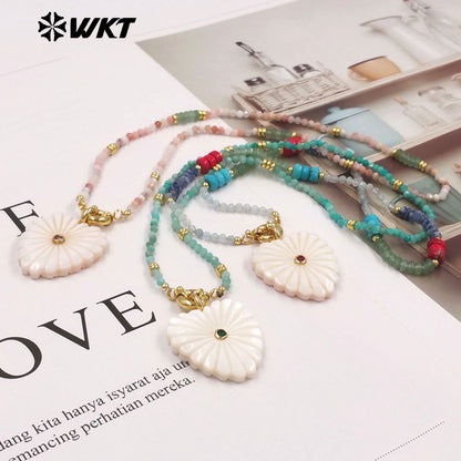 WT-JN404 Popular Fashion Style Natural Gemstone Beads Chain With White Shell Heart Pendants Necklaces For Girls Wearing