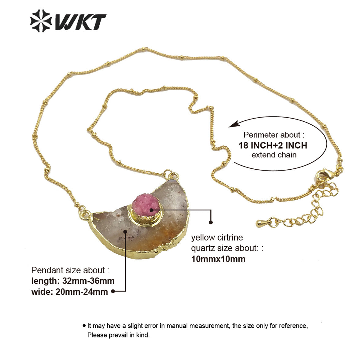 WT-N1210 Newest Natural Yellow Citrine Quartz Necklace With Round Druzy Quartz Charm Fashion Charm Jewelry Yellow Stone Necklace