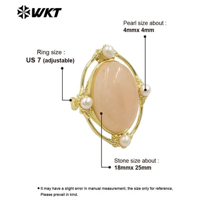 WT-R541 Wholesale Fashion Gold Plated Retro Natural Gemstone Lapis Amethyst Oval Stone With Pearl Beads Adjustable Women Ring
