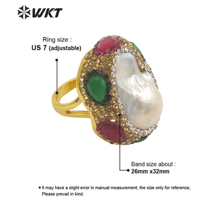 WT-MPR034 Pretty European and American Fashion Ball Pearl Ring Color Zircon Ring with 18k Gold Plated Adjustable Pearl Ring