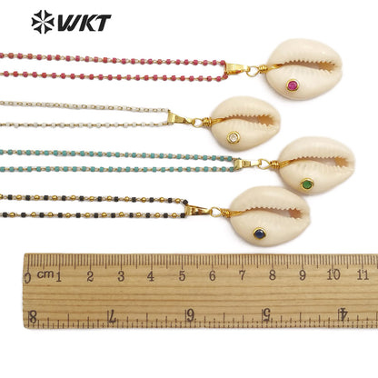 WT-JN096 Wholesale Fashion Jewelry Natural Cowrie Necklace with Cz Stone Colorful Cz Stone Necklace Can Choose