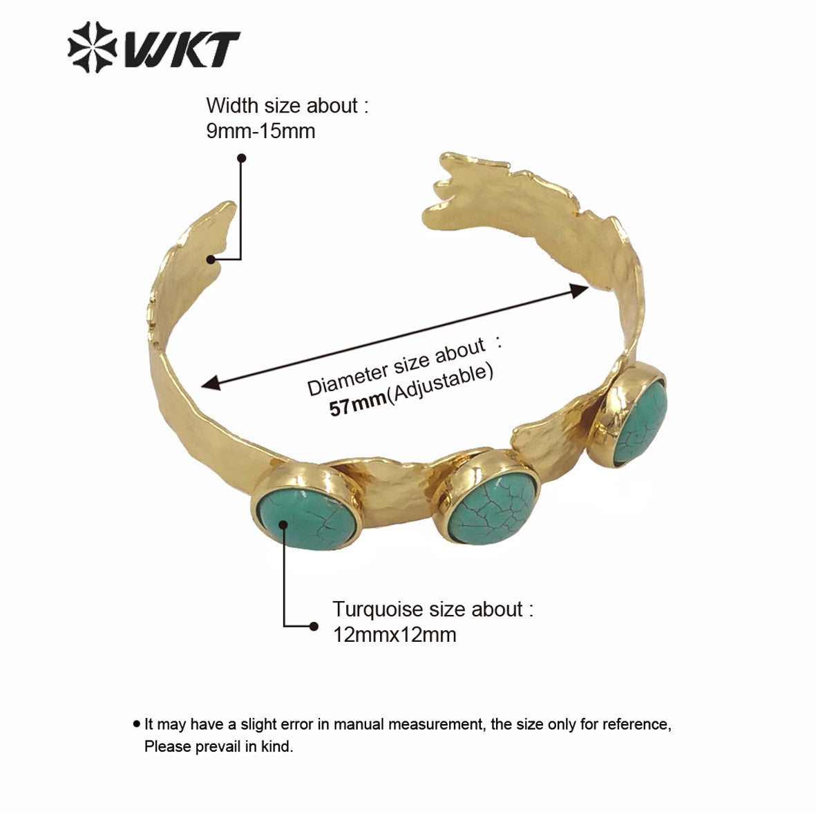 WT-B563 Wholesale WKT New Triple Stone Cuff Bangle Women Fashion Gold Electroplated Nontarnishable Lava Stone Turquoise Bangle