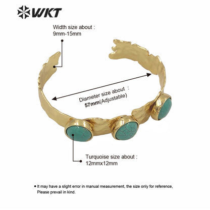 WT-B563 Wholesale WKT New Triple Stone Cuff Bangle Women Fashion Gold Electroplated Nontarnishable Lava Stone Turquoise Bangle