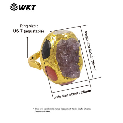 WT-R605 Exclusive Design 18K Gold Electroplated Natural Raw Amethyst And Stones Rings As Female Vintage Jewelry Accessory