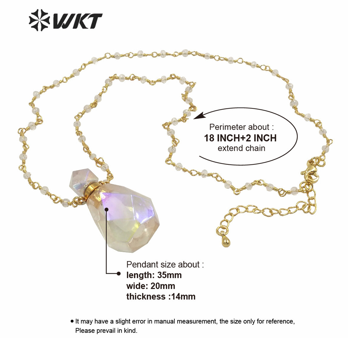 WT-N1235 NEWEST WKT Fashion Gold Electroplated Faceted Aura Crystal Quartz Point Perfume Bottle Necklace As Gift