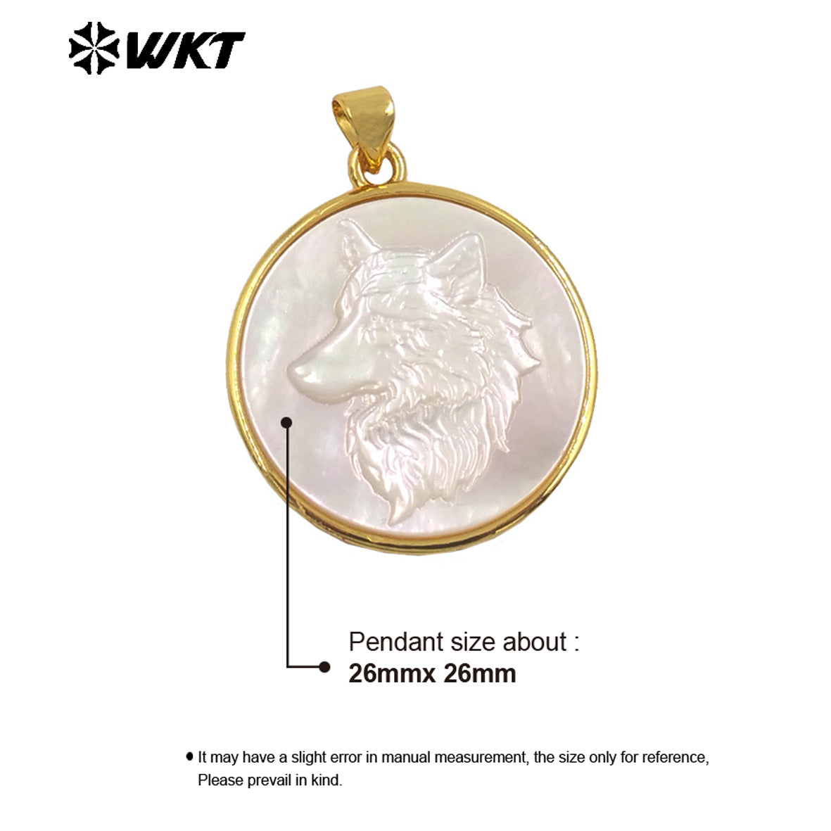 WT-JP430 Simple Design Handmade Carved Wolf Pattern Gold Electroplated Round Mop Pendant For Jewelry Necklace Making