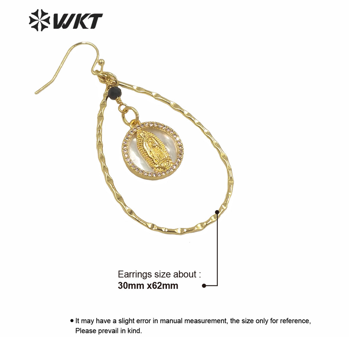 WT-ME080 High Quality Natural Tear Drop Shape Virgin Mary Earrings Gold Electroplated MOP Shell Drop Hoop Earrings for Girl