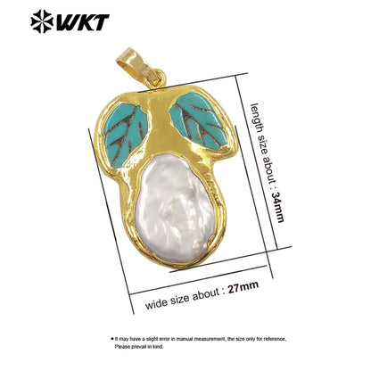 WT-JP499 Exclusive Unique Design 18K Gold Plated Natural Turquoise And Pearl Leaf Shape Pendant For DIY Necklace Findings