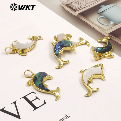 WT-JP512 Lovely Exquisite Gold Plated Natural White Shell And Abalone Dolphin Shape Tiny Pendants For Lady Earrings Making