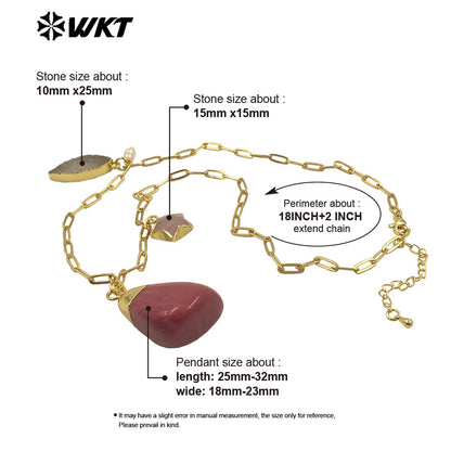 WT-N1489 Unique Design Natural Gemstones Necklace Gold Plated Chain With Three Stone Charms for Ladies Fashion Jewelry Gift