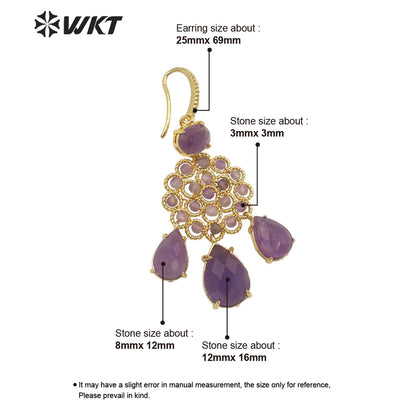 WT-E712 WKT Newest Precious Natural Gemstone Teardrop Earrings Labradorite Amethyst Stone Earrings for Party Gold Drop Earrings