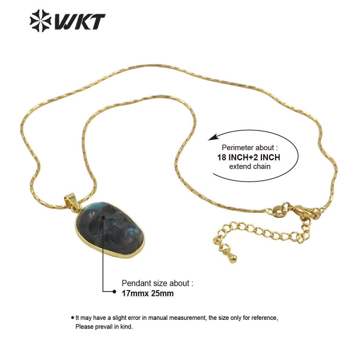 WT-N1357 WKT Special Skeleton Ghost Head Natural Carved Labradorite Necklace Style Rock and Roll Style Skull Necklace