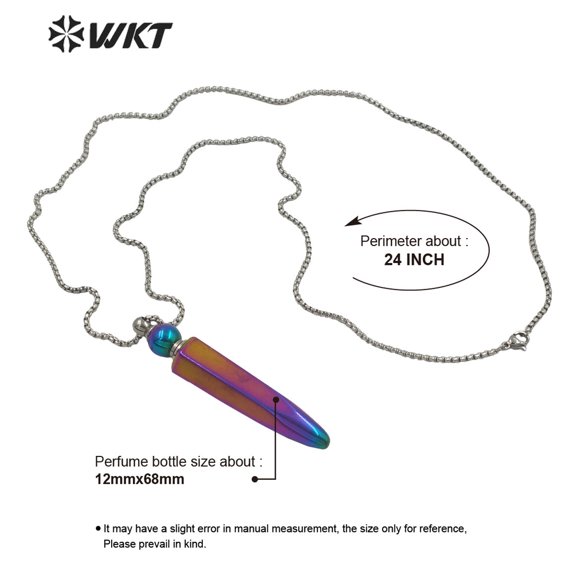 WT-N1281Wholesale Gold Titanium Electroplated Rainbow Blue Crystal Quartz Perfume Bottle Necklace for Essencial Oil
